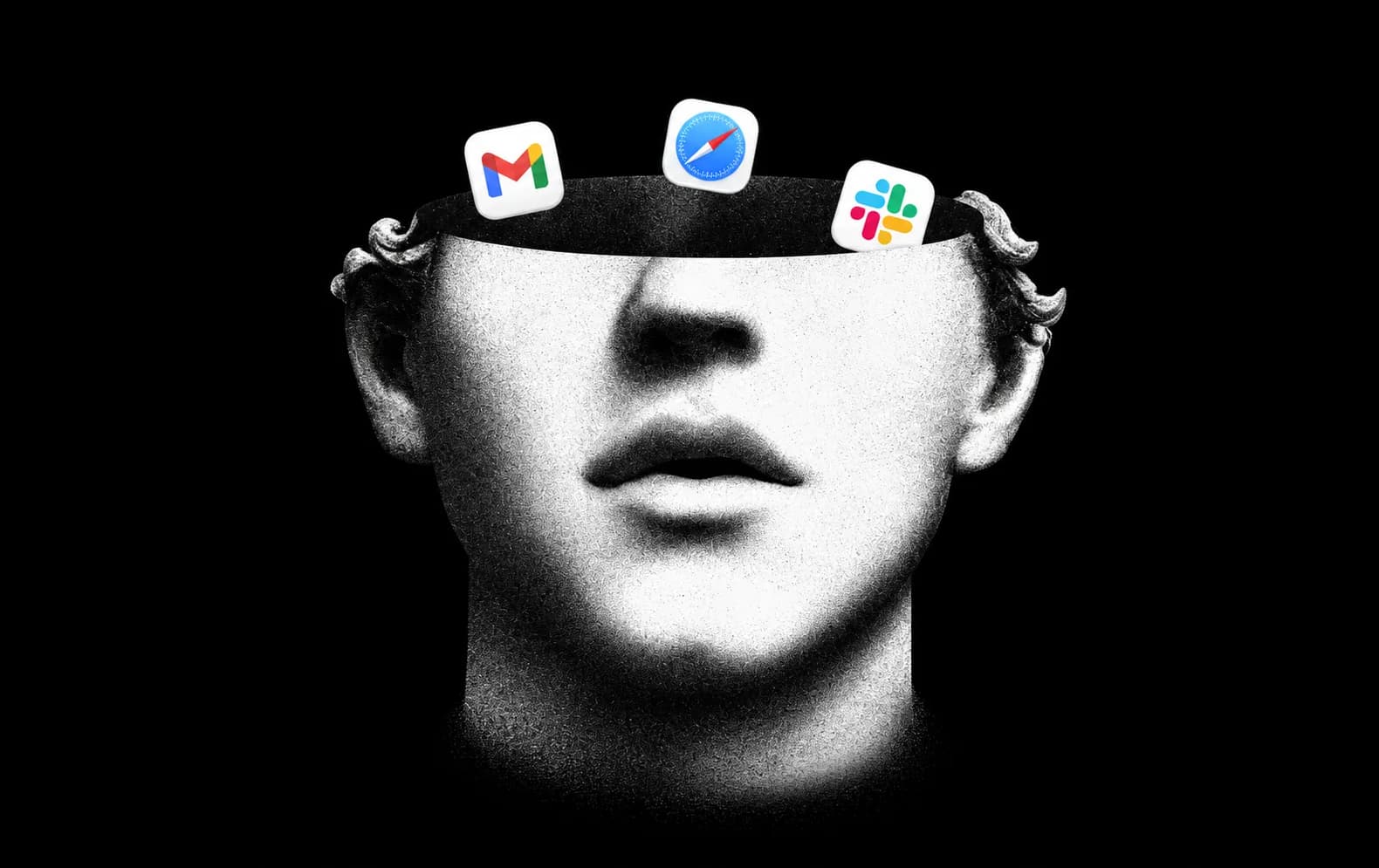 A marble bust with its skull opened, ideas and platforms floating out